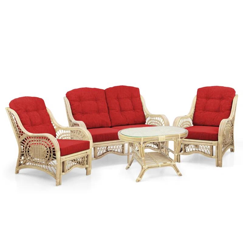 Bay Isle Home™ Malibu Lounge Set Of 4: 2 Natural Rattan Wicker Chairs, Loveseat And Coffee Table W/Glass Handmade, Natural Color