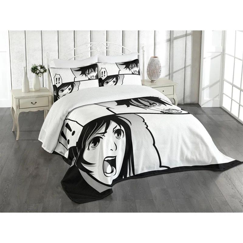 Ambesonne Ambesonne Anime Bedspread Set Japanese Cartoon Comic Black White Grey