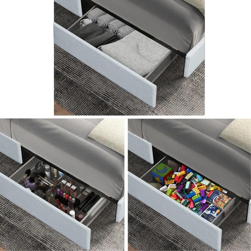Latitude Run® Queen Size Ivory Boucle Bed Frame, Upholstered Platform Bed With 4 Drawers Storage, Tufted Headboard, Wooden Slat Mattress Support, No Box Spring Needed