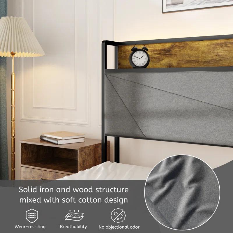 Full Size Bed Frame With 4 Storage Drawers And 2 USB Ports, Upholstered Platform Bed Frame With Storage Headboard Charging Station And Metal Slat Support, No Box Spring Needed, Dark Grey