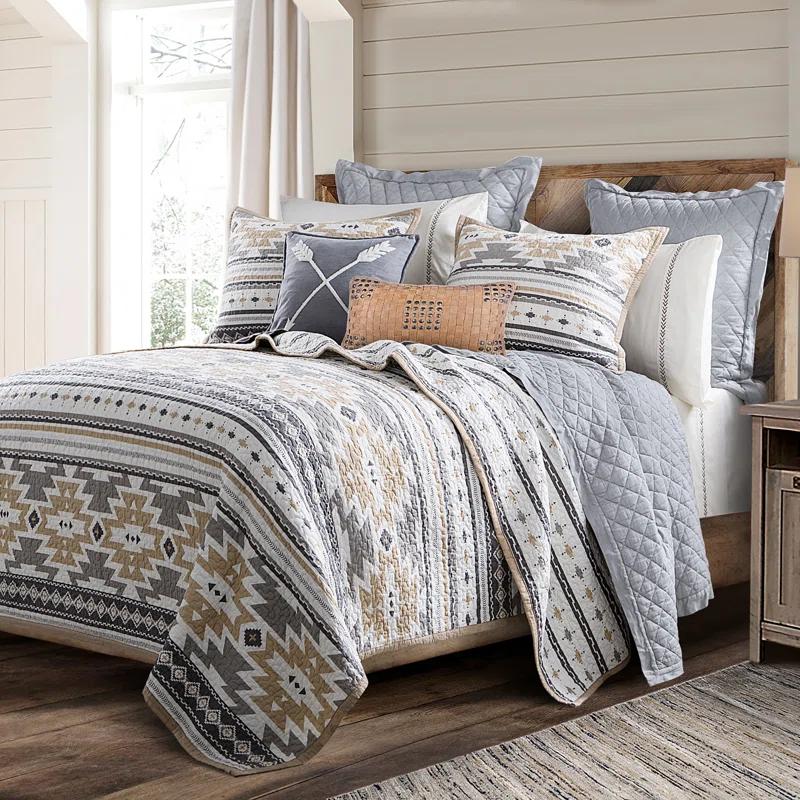 Paseo Road by HiEnd Accents Desert Sage Gray/Tan/White Aztec Print Cotton Southwestern Style Reversible Quilt Set