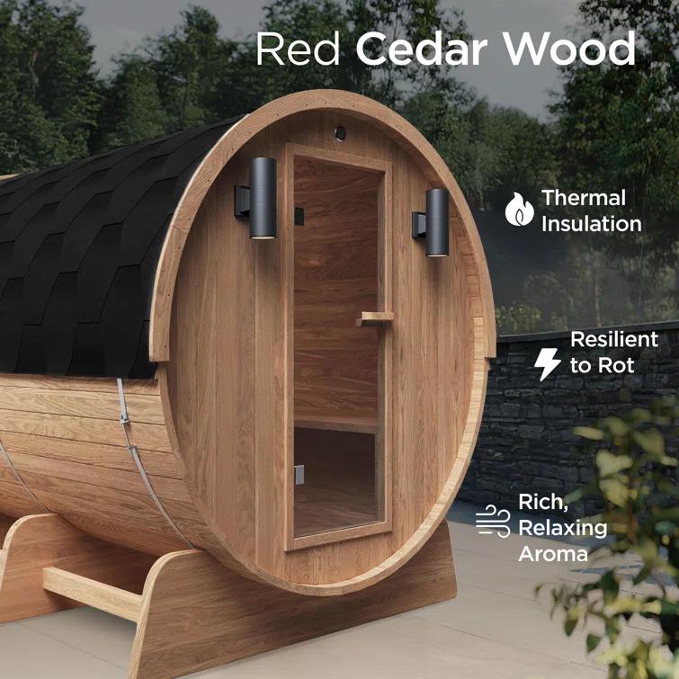 ALEKO Red Cedar Barrel Sauna with Panoramic Window - 8 kW UL Certified KIP Harvia Heater - 6-8 Person | Wayfair