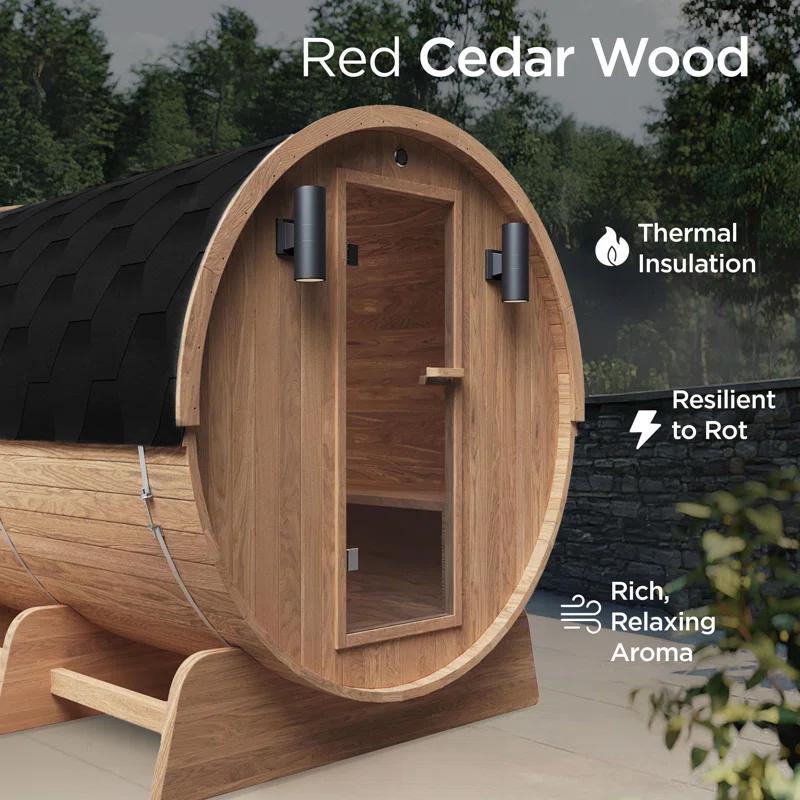 ALEKO Red Cedar Barrel Sauna with Panoramic Window - 8 kW UL Certified KIP Harvia Heater - 6-8 Person | Wayfair