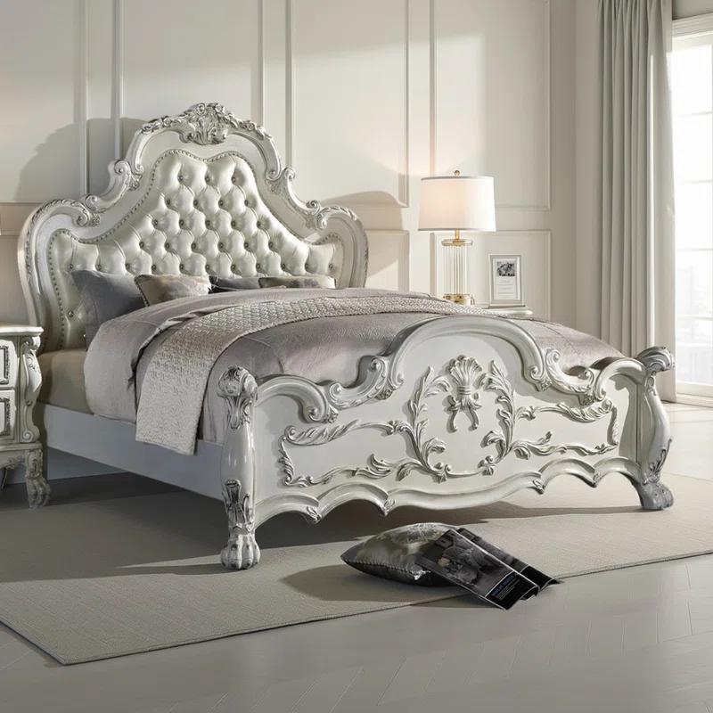 Benjara Ally Bed, Classical White Faux Leather Victorian Carved Wood