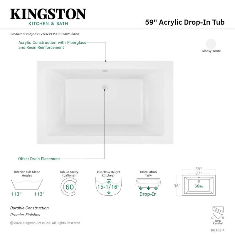 Kingston Brass Aqua Eden 59-Inch Acrylic Rectangular Drop-In Tub with Reversible Drain
