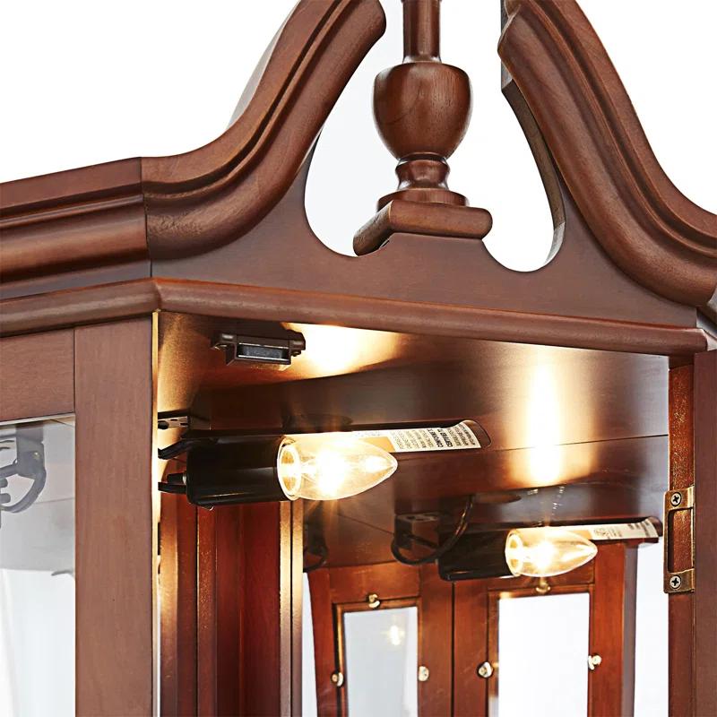 wendeway Walnut Corner Curio Cabinet With Lights,Adjustable Tempered Glass Shelves, Mirrored Back, Display Cabinet,Sideboard,Bookshelf