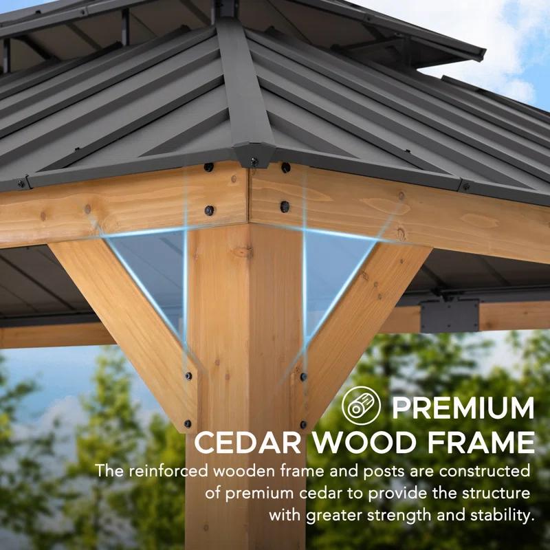 Sunjoy Sunjoy 12x20 ft. Wood Gazebo, Outdoor Patio Steel Hardtop Gazebo with 2-tier Metal Roof, Suitable for Patios, Lawn and Backyard, Matte Black Roof