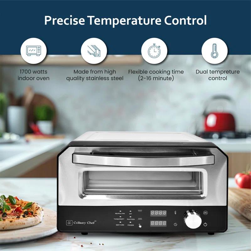 Culinary Chef Culinary Chef Indoor Pizza Oven, Temperature Control, Bonus Artisanal Cutter, Removable Stone, SS