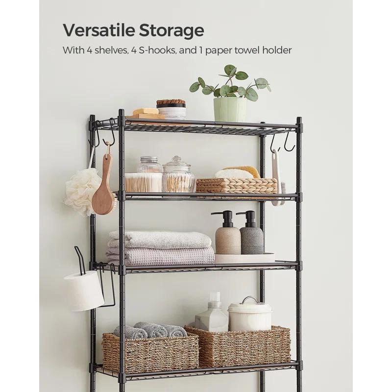 SONGMICS 4 Tier Over The Toilet Storage, Metal Storage Rack, Adjustable Shelves, 4 Hooks, Roll Holder, Space-Saving Bathroom Storage Shelf Organizer, 11.8 x 24.8 x 69.3 Inches, Black UBTS013B01