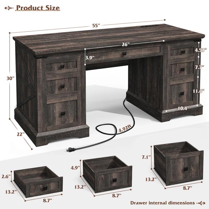 August Grove® 55'' W Computer Desk With Outlet, Farmhouse Executive Desk With 7 Drawers For Office Home