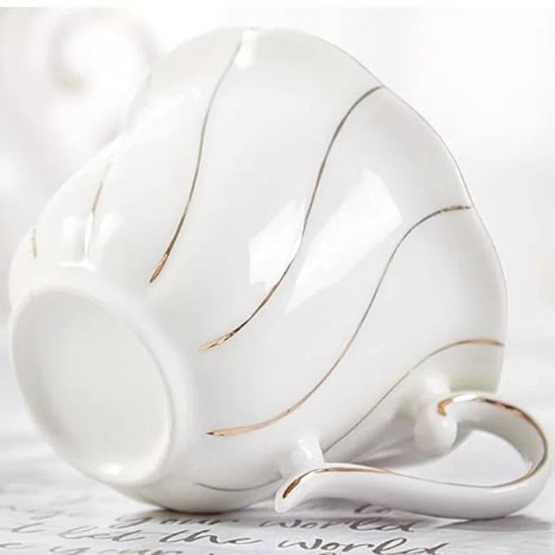 Red Barrel Studio® 14 Pcs Tea Set For 6 With Tea Tray & Spoons, Luxury British Style Tea/Coffee Cup Set With Golden Trim, Beautiful Porcelain Tea Set For Living Room Decor, Tea Party Set, Gift Package - White