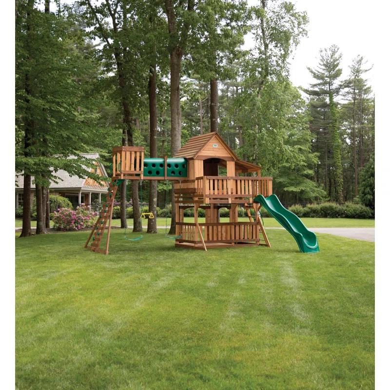 Backyard Discovery Backyard Discovery Woodridge Elite Cedar Wood Swing Set with Wave Slide, Clubhouse, Crawl Tunnel, and Crow's Nest
