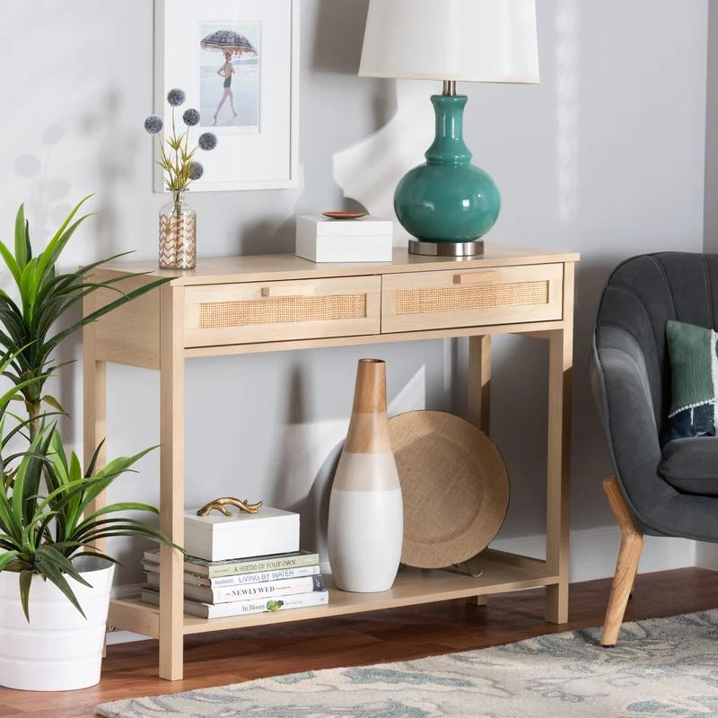 Light Brown Wood Console Table with Rattan Drawers and Shelf