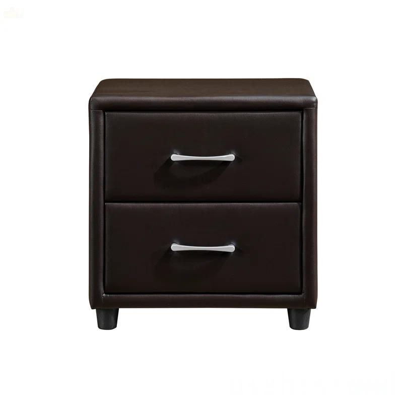 Astoria Grand Contemporary Design 1Pc Bedroom Furniture Two Drawers Nightstand Silver Tone Bar Pulls Faux Leather Upholstery