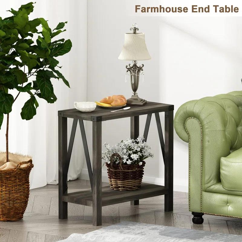 Farmhouse End Table For Small Spaces, Narrow Side End Table With Storage Shelf, Rustic A-Design Nightstand Sofa Table For Living Room, Bedroom 2 Pack