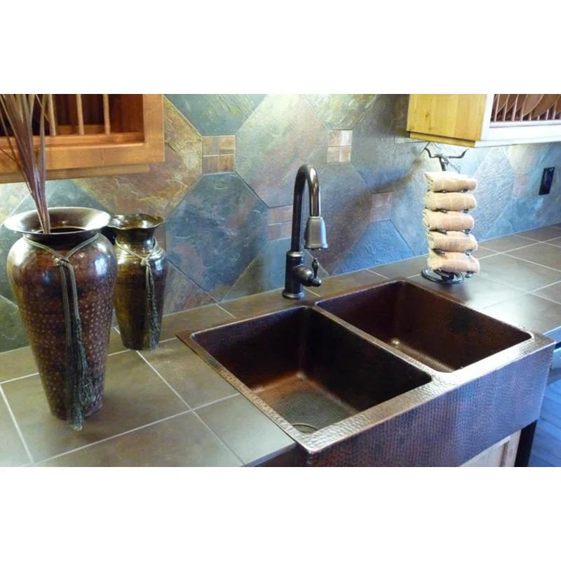 Premier Copper Products KA50DB33229 33" Hammered Copper Apron Front 50/50 Double Basin Kitchen Sink