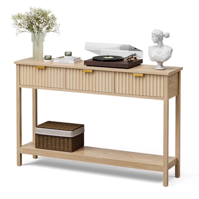 Latitude Run® Console Table With Storage, Boho Entryway Table With 3 Fluted Drawers And Shelf, Sofa Table For Living Room, Entryway, Hallway, Natural