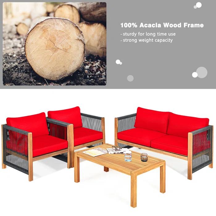 Highland Dunes Menges Outdoor Patio 4 Pieces Acacia Wood Sofa Set with Cushions