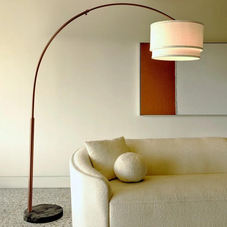 Mason 81 in. Modern Adjustable LED Arched Standing Floor Lamp with Fabric Drum Shade and Weighted Marble Base