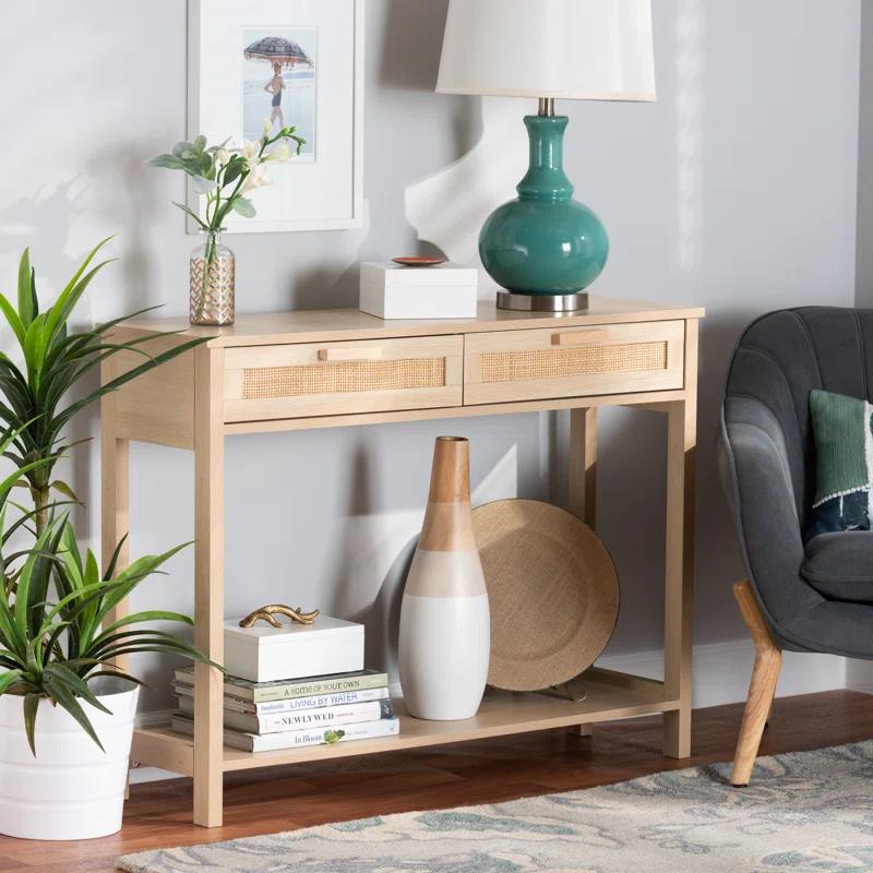 Light Brown Wood Console Table with Rattan Drawers and Shelf