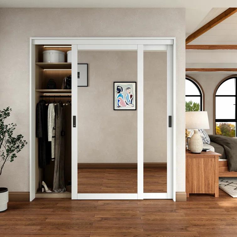 ARK DESIGN 80” Tempered 1 Lite Frosted Glass White Closet Sliding Door with Hardware & Handles