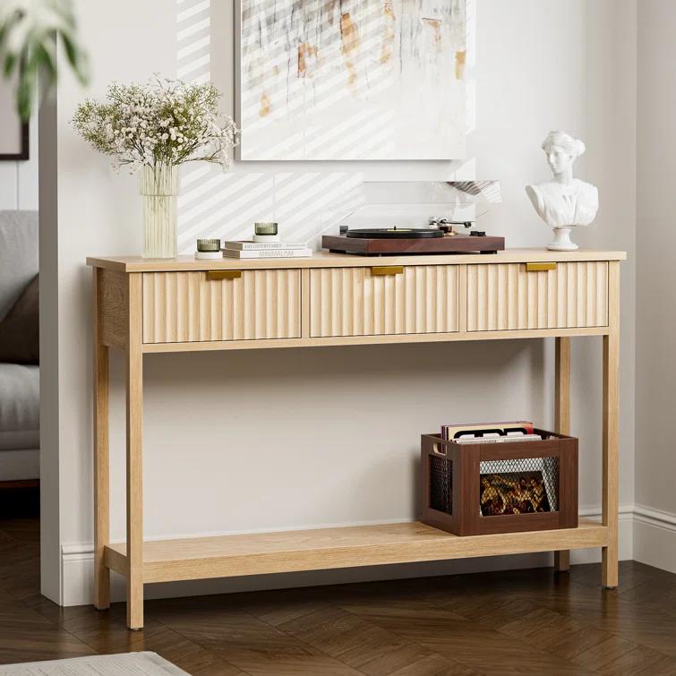Latitude Run® Console Table With Storage, Boho Entryway Table With 3 Fluted Drawers And Shelf, Sofa Table For Living Room, Entryway, Hallway, Natural