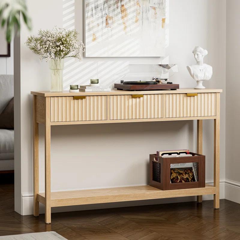 Latitude Run® Console Table With Storage, Boho Entryway Table With 3 Fluted Drawers And Shelf, Sofa Table For Living Room, Entryway, Hallway, Natural