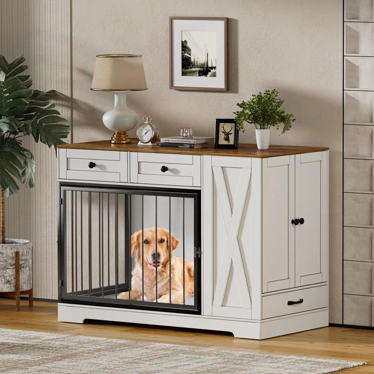 Tucker Murphy Pet™ Gladine Dog Crate Furniture Kennel with Double Doors, Wooden Pet House with 2 Drawers and Pet Feeder Station Storage Cabinet