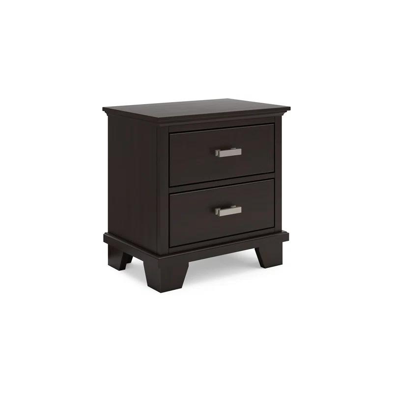 Benjara Teno Nightstand, 2 Drawers, Nickel Handles, Dark Brown Solid Hardwood