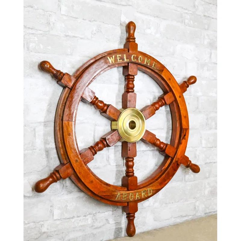 Breakwater Bay Nautical Marine Vintage Wood Brass Ship Steering Helm Boat Wheel Wall Decor 23"D