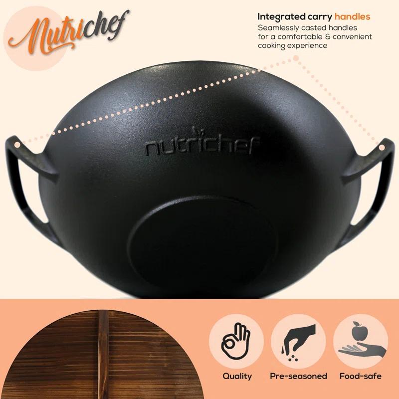 Open Box NutriChef Cooking Wok Cast Iron Stir Fry Pan with Wooden Lid, Black