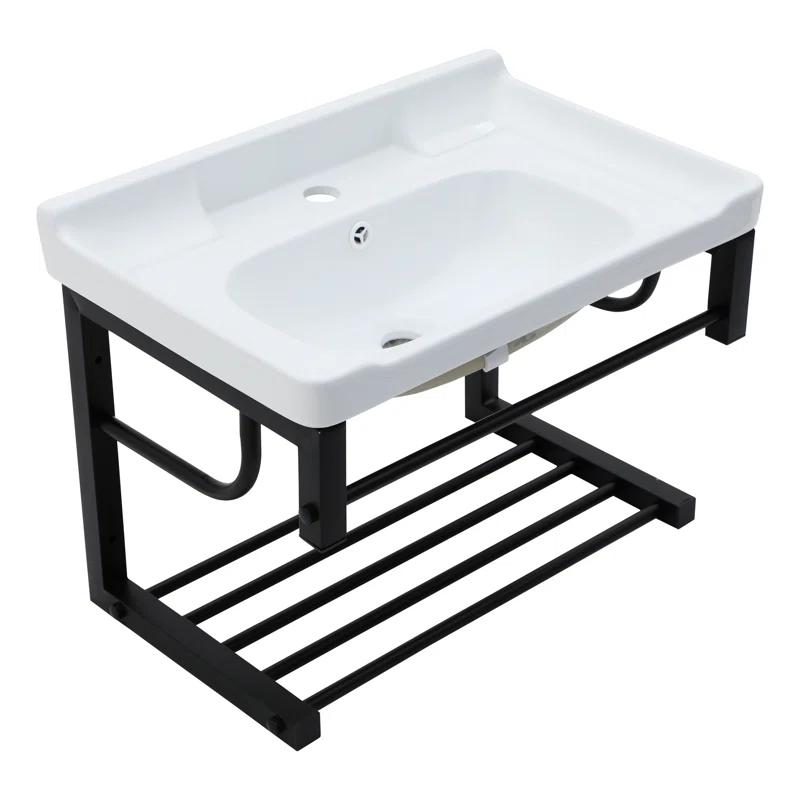 Lordear 23.75" L x 15.75" W Wall Mounted Bathroom Sink with Towel Rack White Ceramic Bathroom Wall Hung Sink LBS2315GP
