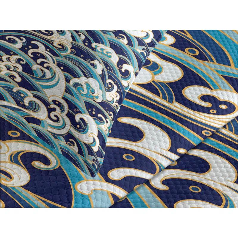 Ambesonne Ambesonne Nautical Bedspread Set Ocean Waves Pattern Blue and White