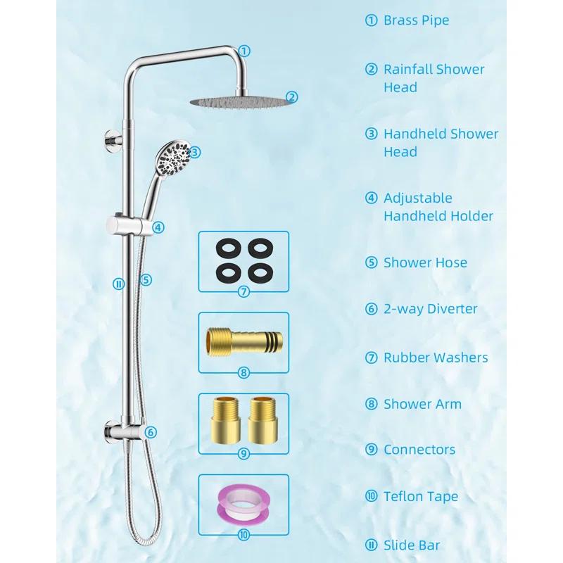 All Metal High Pressure Rainfall Shower Head System, Handheld Shower Combo with Slide Bar