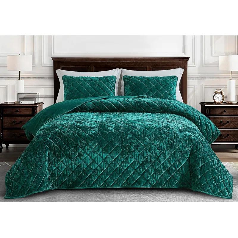 Chezmoi Collection Diamond Stitch Reversible Plush Distressed Velvet Quilt Set