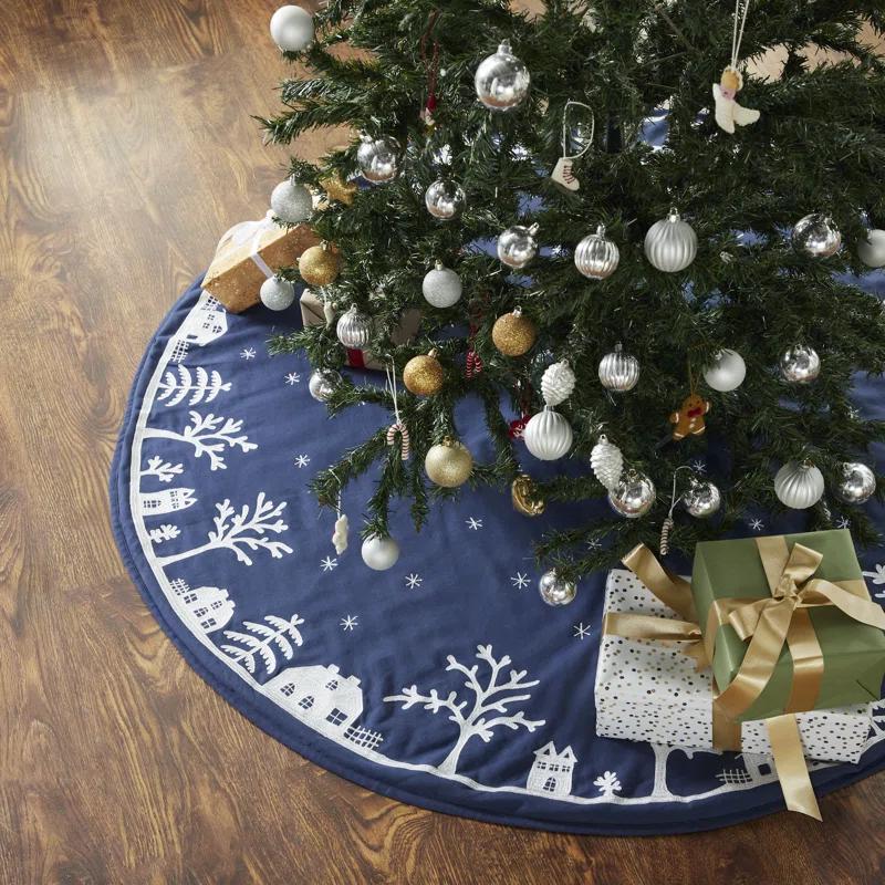 Arcadia Home Handmade Christmas Tree Skirt in Cotton - Village Scene on Navy Blue - 60"