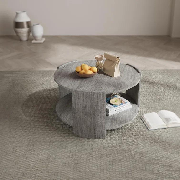 Ebern Designs Michaelee Round Coffee Table, 36" Rustic Modern Circle Coffee Tables with 2 Tier Storage Shelf, Cocktail Table for Living Room Apartment