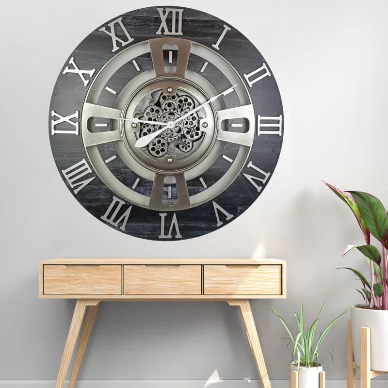 THE GEARS CLOCK Wall Clock with Real Moving Gears EN-LI_ 36 in Round Vintage-Black