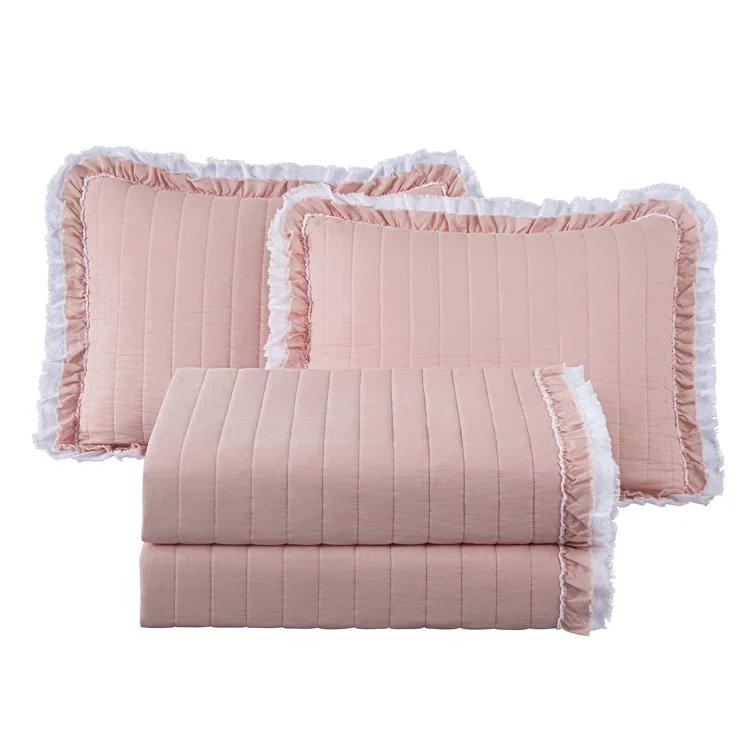 Chezmoi Collection Bonnie Double Frayed Ruffled Edge Cotton Quilt Set