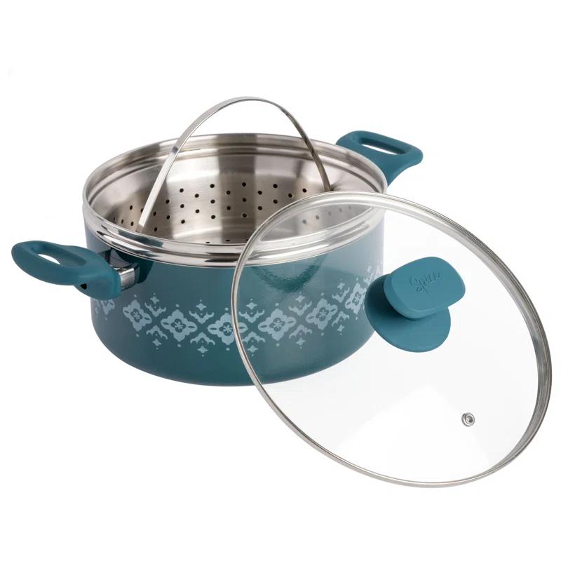 Spice by Tia Mowry Spice By Tia Mowry Savory Saffron Nonstick Ceramic Dutch Oven With Stainless Steel Steamer, 5-Quart, Charcoal, Enamel Exterior, Stay-Cool Handles