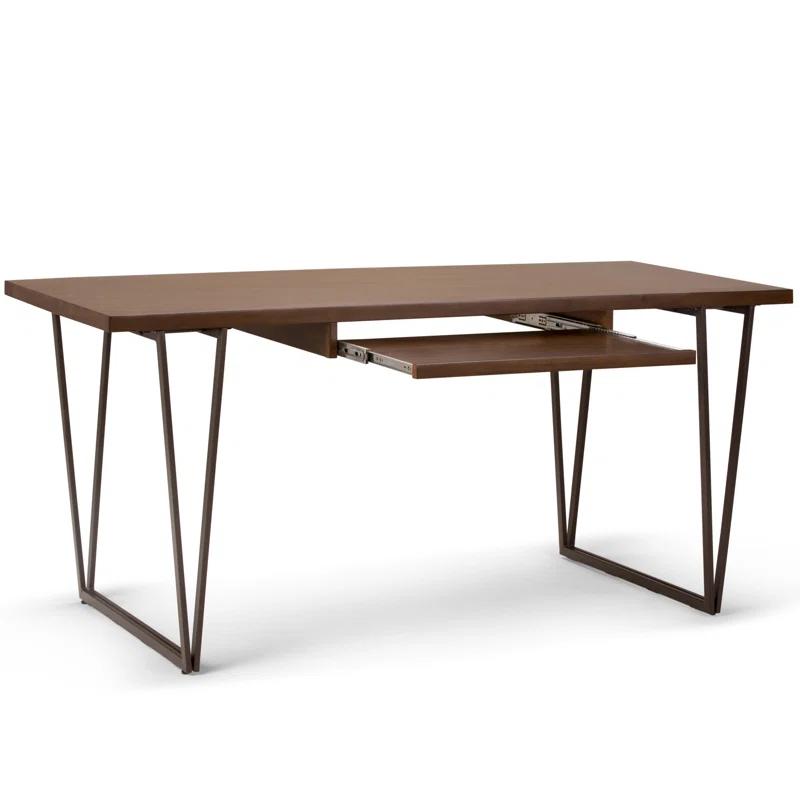 Simpli Home Ryder 66"W Solid Wood Desk, Industrial Contemporary Style with Keyboard Tray and V-Design Metal Base