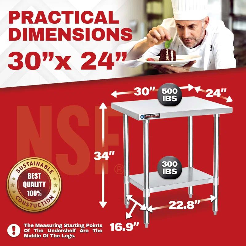 30 x 24 Inch Commercial Stainless Steel Workbench Table with Adjustable Under Shelf - NSF Certified