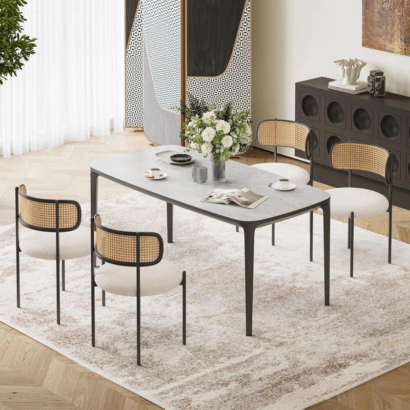Bay Isle Home™ Kitchen Chairs Set Of 2, Mid-Century Modern Dining Chairs,Kitchen Dining Room Chairs, Rattan Backrest Round Upholstered Dining Chairs,Beige