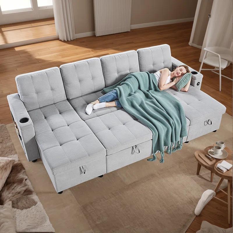 Latitude Run® Pull Out Sofa Bed With 2 USB Ports & Cup Holders, U Shaped Sleeper Sofa Bed With Dual Storage Chaise- Drak Gray