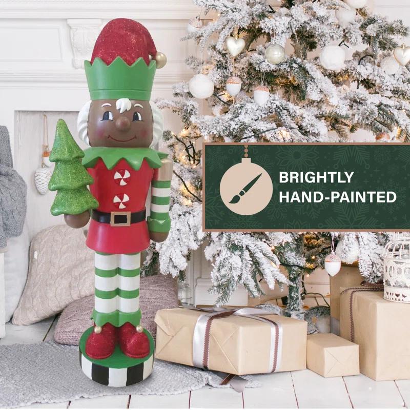 Fraser Hill Farm 48-inch Elf Nutcracker Figurine Holding Tree in Red/Green
