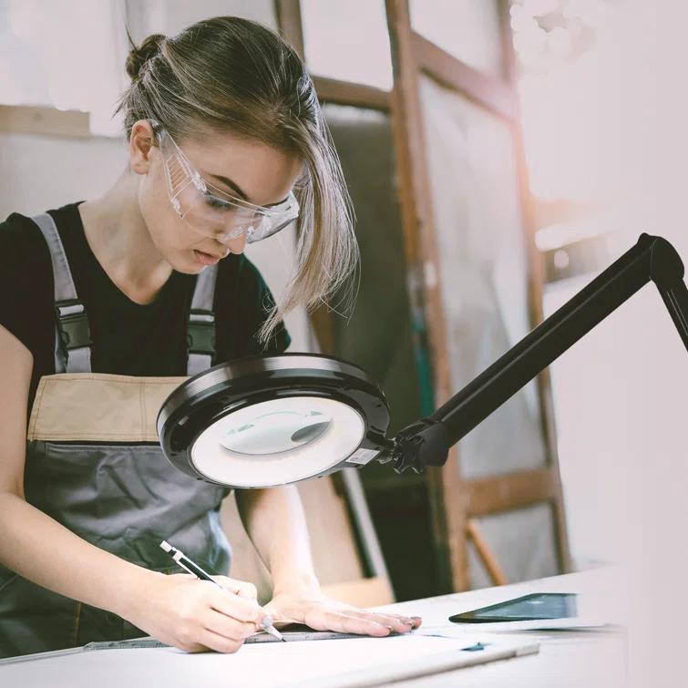 Brightech Lightview Pro 33 in. Adjustable Swing Arm Integrated 2.25X Magnifying Dimmable LED Desk Clamp Lamp