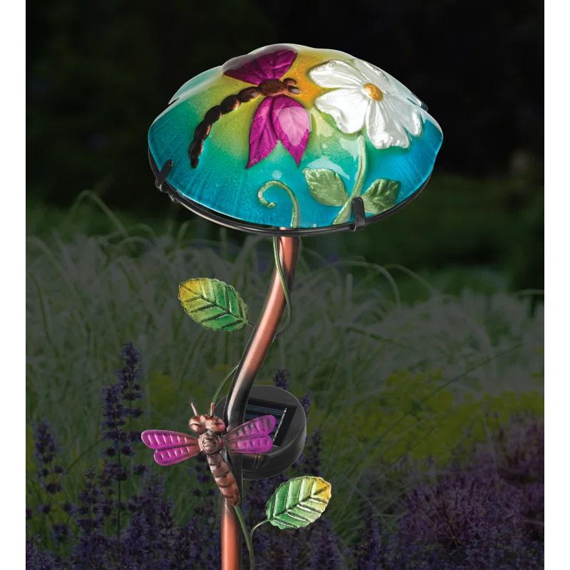 Colorful Glass Solar Mushroom Stake with Dragonfly Design