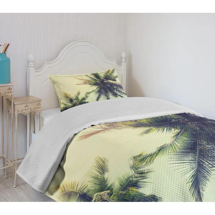 Ambesonne Ambesonne Palm Tree Bedspread Set Caribbean Coastline Ocean Pale Yellow Green Brown