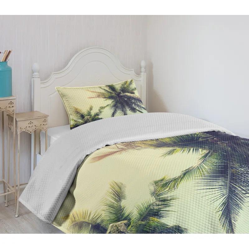 Ambesonne Ambesonne Palm Tree Bedspread Set Caribbean Coastline Ocean Pale Yellow Green Brown