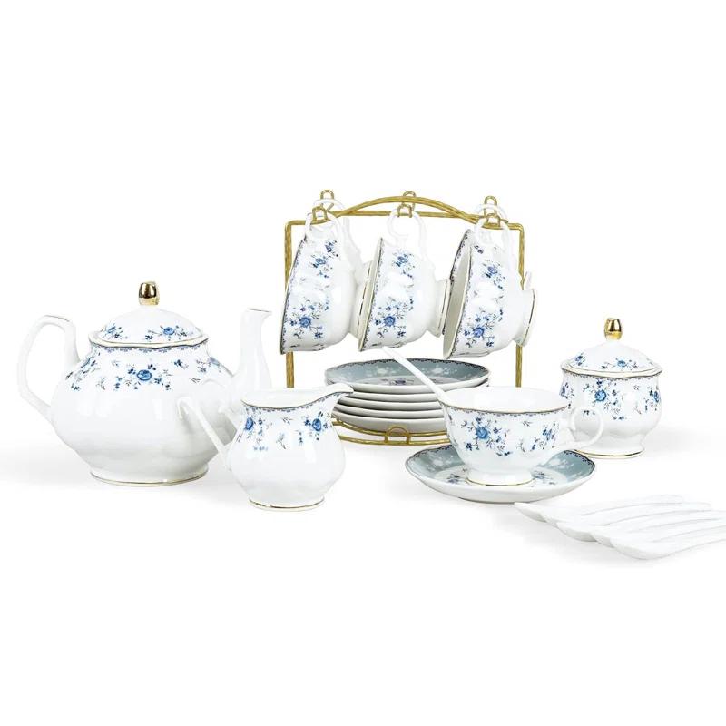 Bloomsbury Market 15 Piece Blue Rose Porcelain Tea Set, British Floral Teapot With Tea Cups, Women Tea Party Set For 6